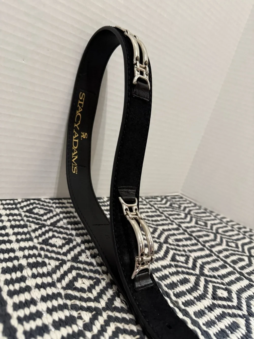 STACY ADAMS Black Grain Leather Belt with Silver Buckle Chain Accent
